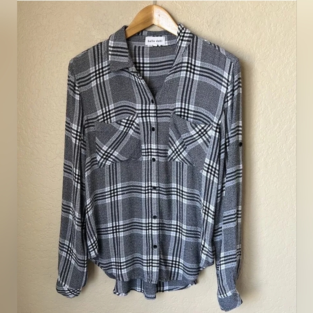 Bella Dahl Womens Black & White Plaid Gauzy Flannel Top Size Large
